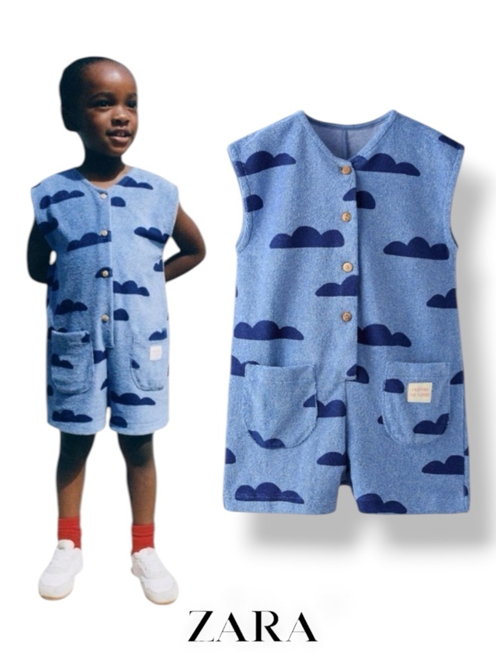 ZARA Boys Blue Cloud Print Terry Jumpsuit NWT Size 6